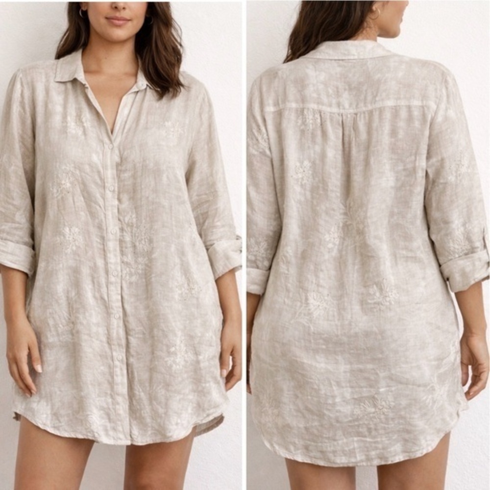 Karyn Seo Ivory Beaded Tunic Boho Button Down Beach Swim Cover Up Shirt Dress